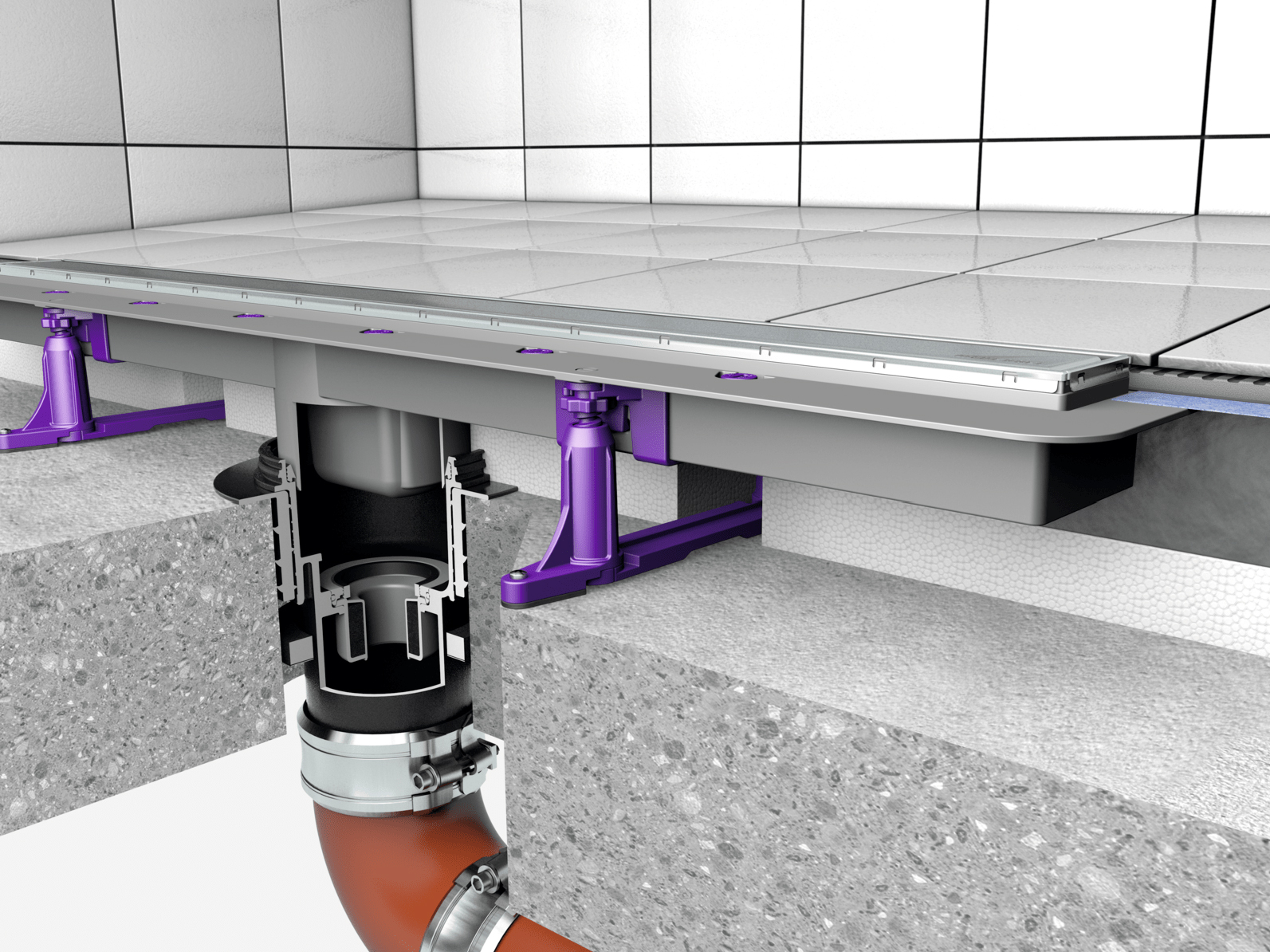Schema di installazione dello scarico a pavimento/soffitto Ecoguss con canaletta per doccia Linearis Comfort