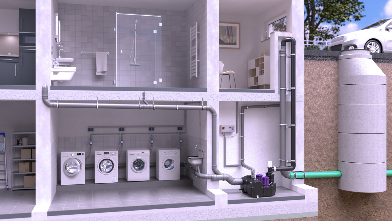 Esempio di installazione di un impianto di sollevamento <em>Aqualift L</em> in un condominio