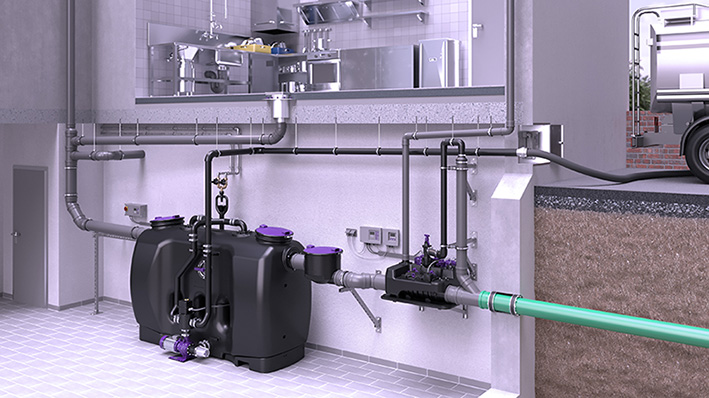 Proposta di installazione del degrassatore EasyClean free con impianto di sollevamento ibrido Ecolift L Proposta di installazione del degrassatore EasyClean free con impianto di sollevamento ibrido Ecolift L