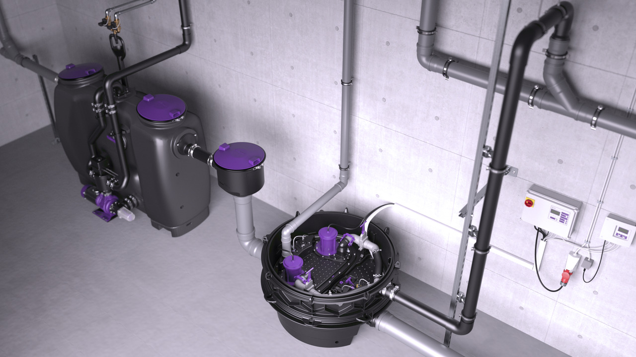 Esempio di installazione dell'Ecolift XL a pavimento dietro un degrassatore