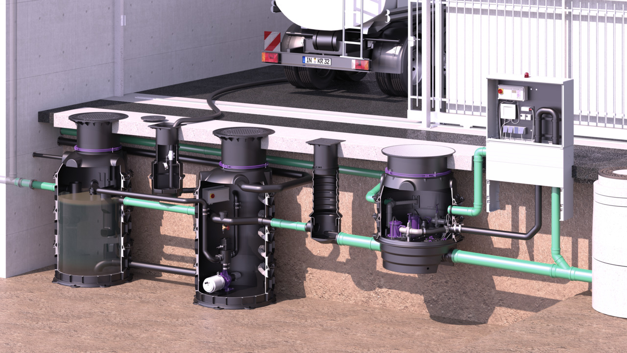Esempio di installazione interrata di Ecolift XL nel terreno a valle del degrassatore