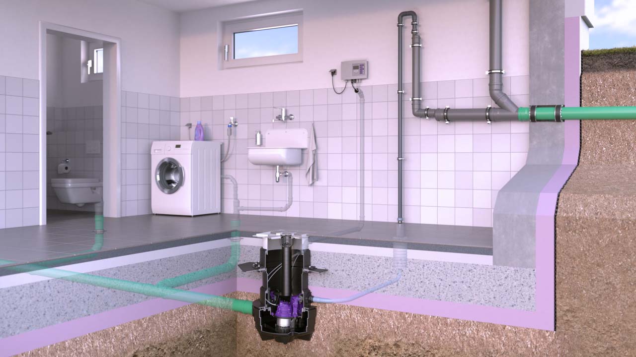 Illustrazione di installazione dell'Aqualift F Compact per installazione in soletta.