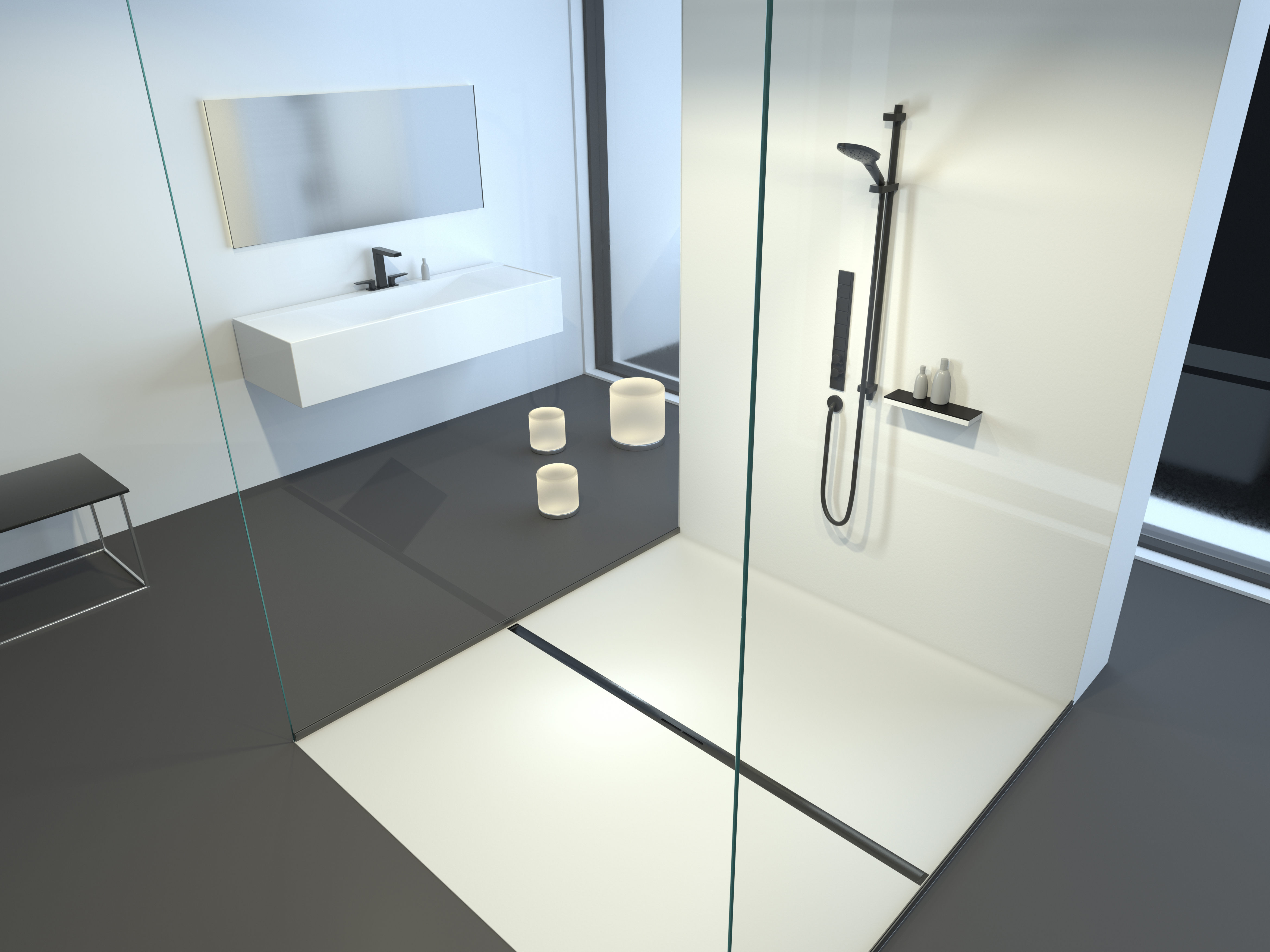 Schema di installazione della canaletta per doccia Linearis Infinity, superficie nera spazzolata, in bagno