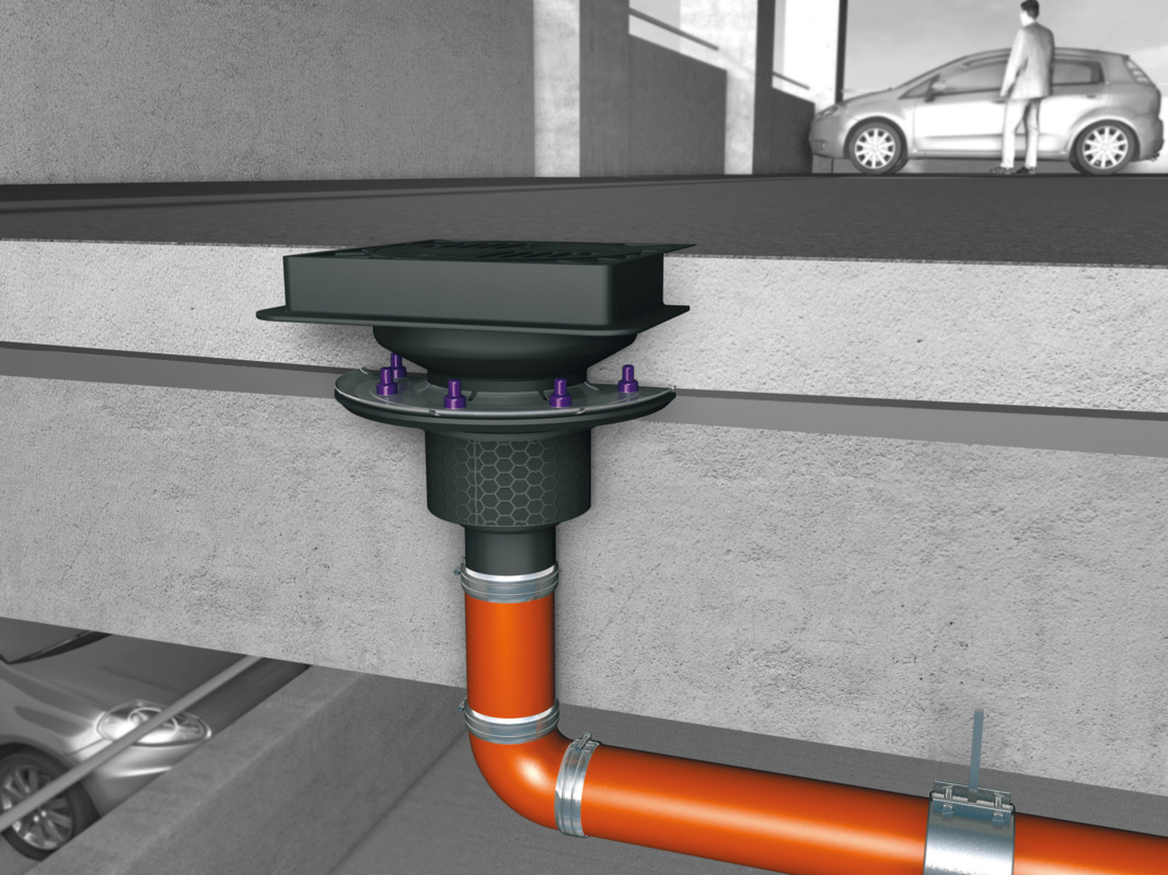 Schema di installazione dello scarico per parcheggio Ecoguss angolare con corpo base Ecoguss e flangia di tenuta a pressione in un parcheggio