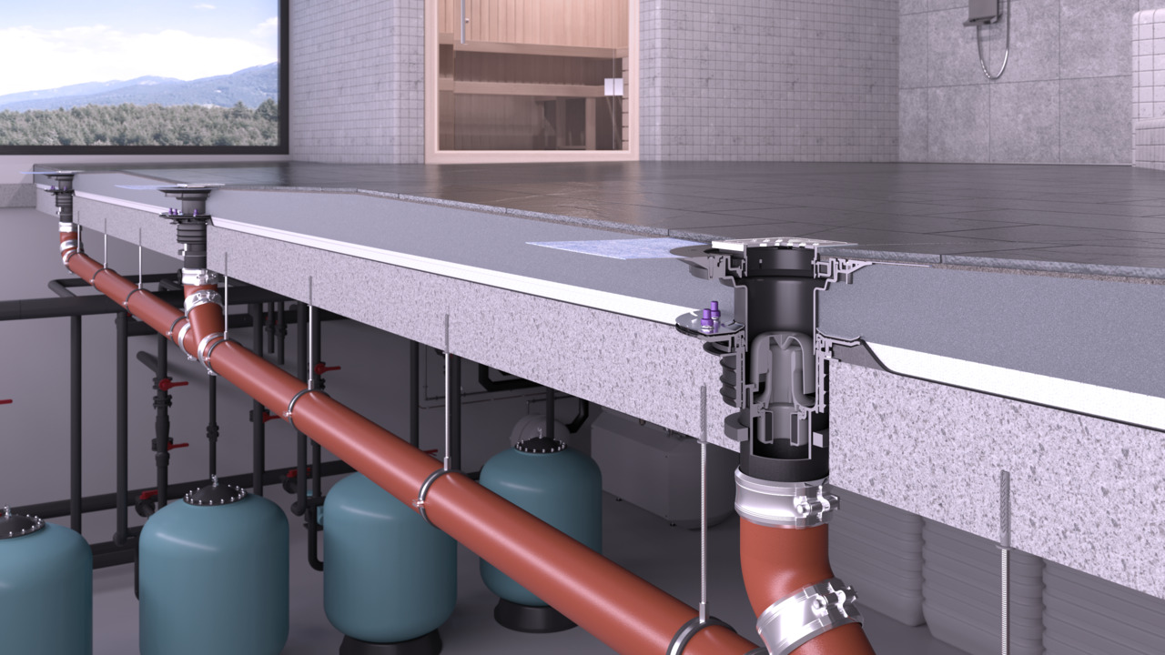 Scarico a pavimento Ecoguss con protezione antincendio Fire-Kit e guarnizione passante Quick-Fix.