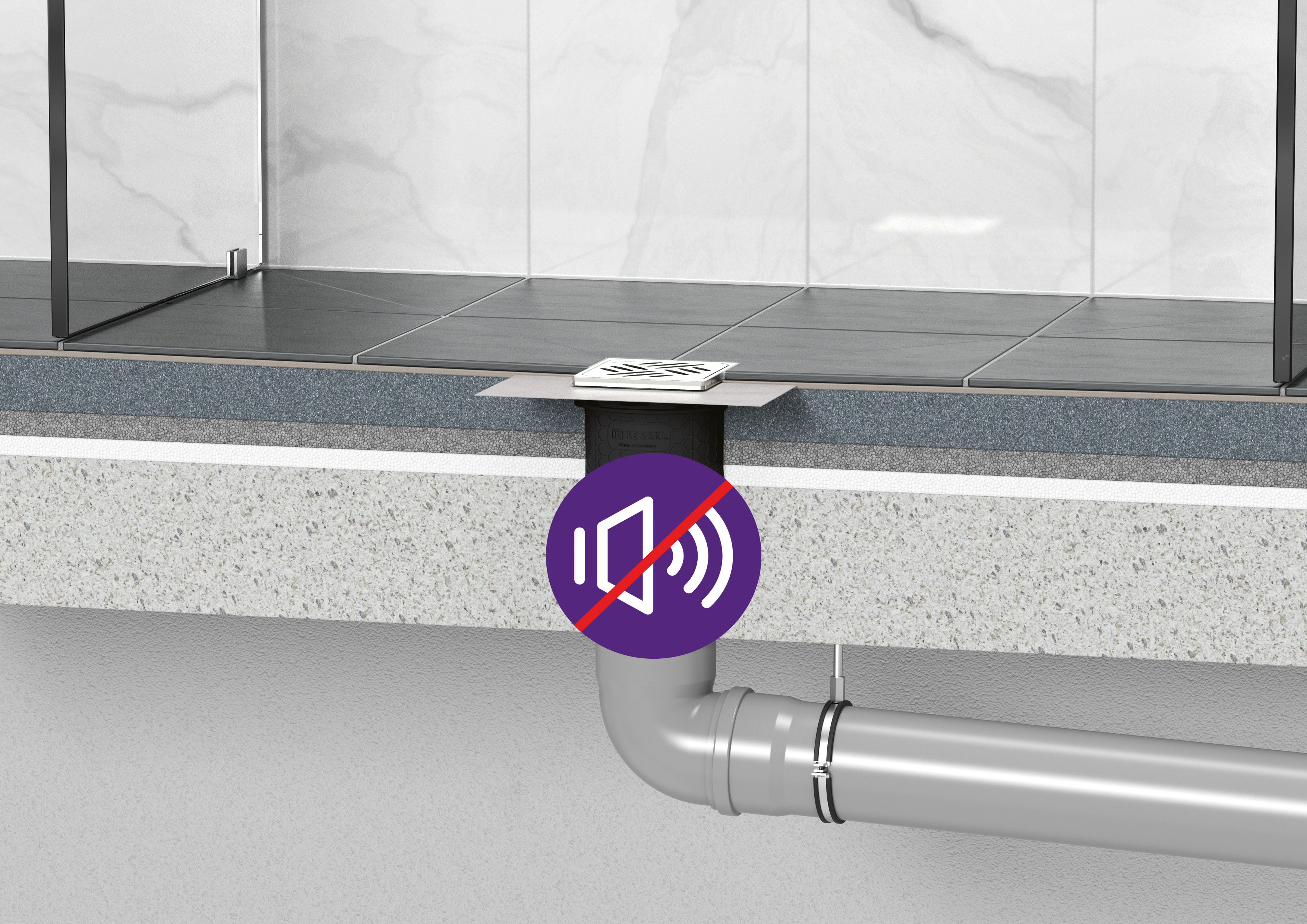 Proposta di installazione: scarico in una doccia con simbolo di isolamento acustico