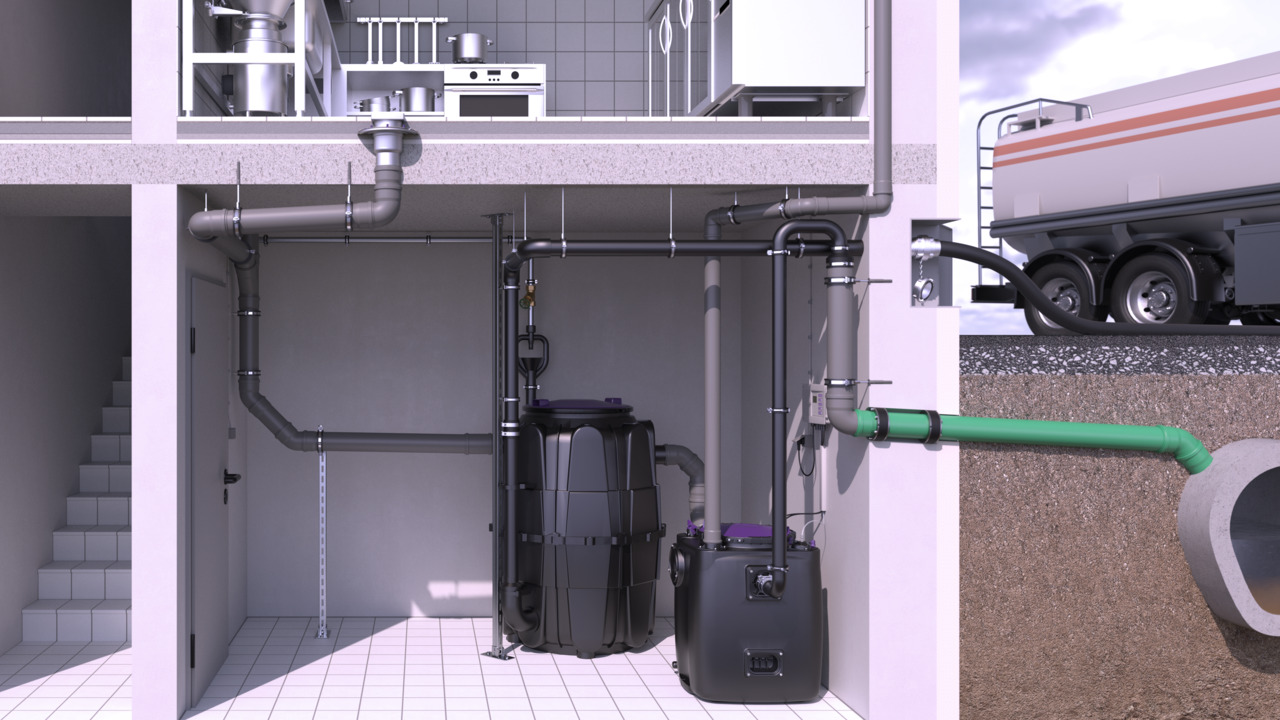 Esempio di installazione del degrassatore EasyClean Modular Direct con impianto di sollevamento Aqualift 200 in cantina Esempio di installazione del degrassatore EasyClean Modular Direct con impianto di sollevamento Aqualift 200 in cantina
