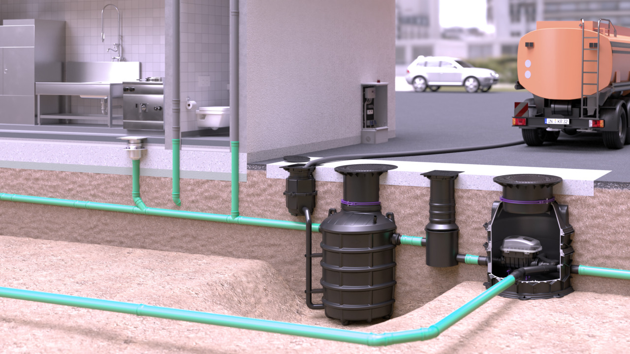 Proposta di installazione del degrassatore EasyClean ground Direct con Pumpfix F nel pozzetto tecnico Proposta di installazione del degrassatore EasyClean ground Direct con Pumpfix F nel Pozzetto tecnico
