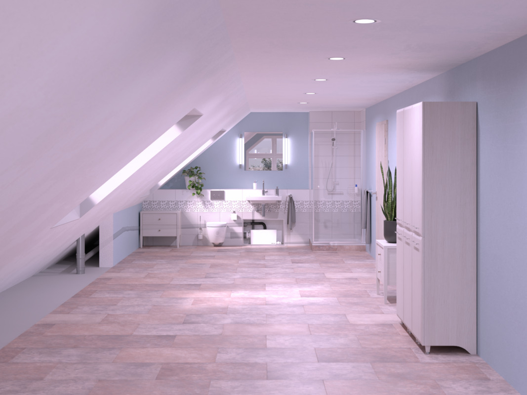 Schema di installazione WC Minilift L Immagine di installazione di una piccola stazione di sollevamento Minilift L WC in un bagno con soffitto spiovente, dotato di doccia, lavabo e WC. La piccola stazione di sollevamento Minilift L WC è installata all'interno di un mobile.