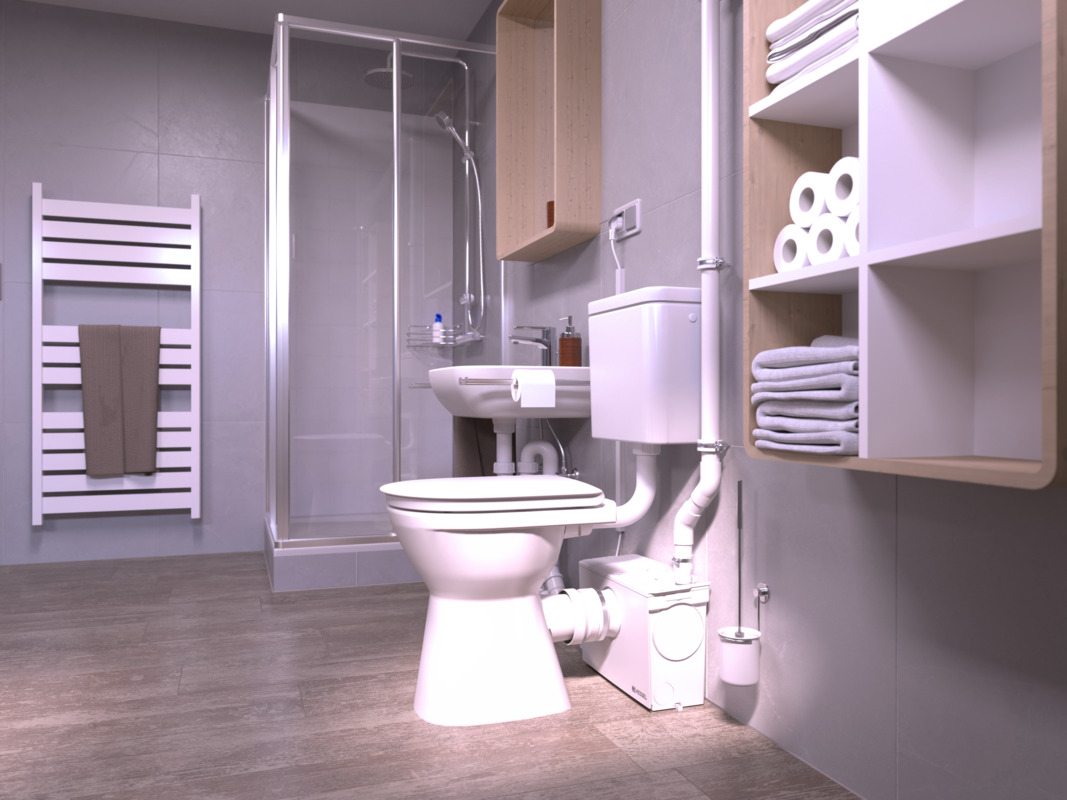 Rendering dell'installazione del WC Minilift M, seconda prospettiva Primo piano di un WC, dietro al quale si trova una Piccola stazione di sollevamento a cui è collegata anche una doccia.