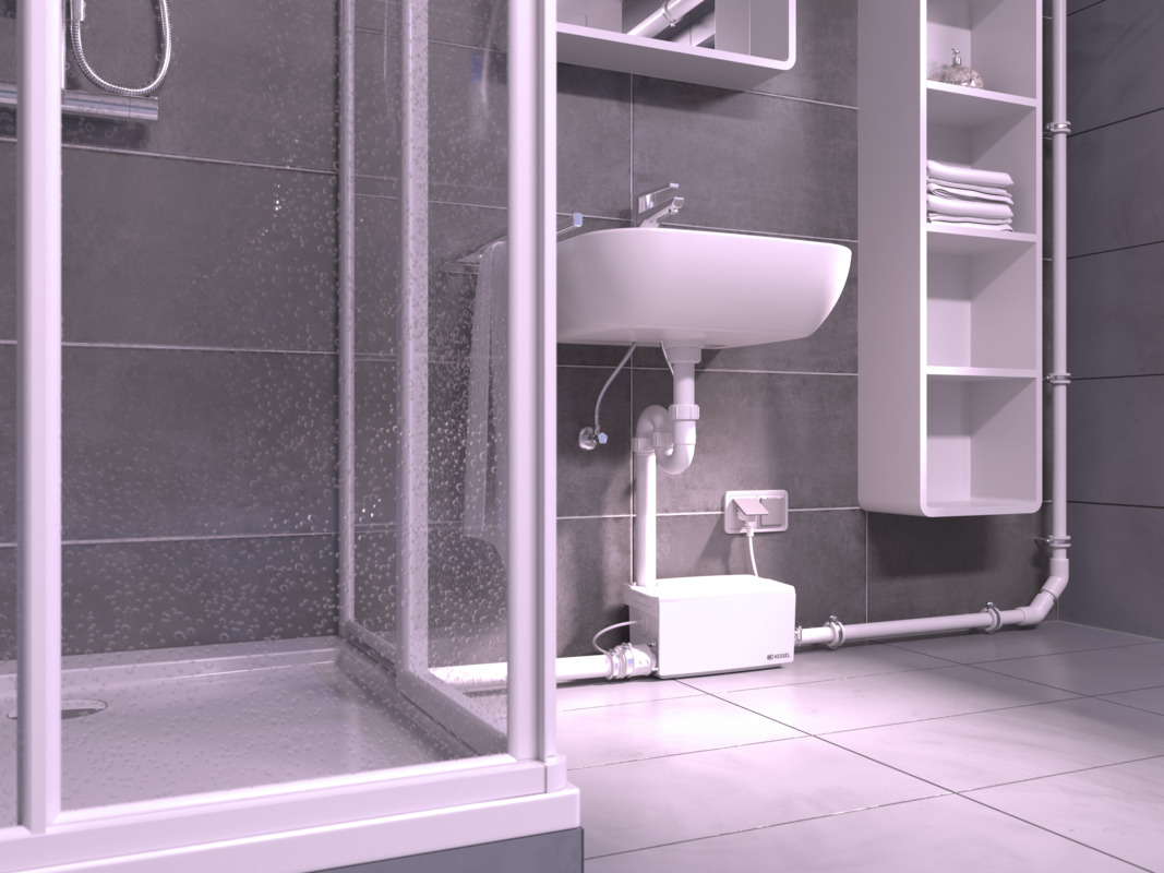 Impianto Kleinhenbe Minilift S installato successivamente in un bagno al piano interrato.