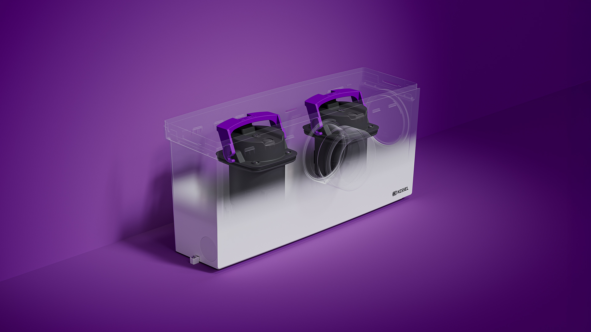 Piccola stazione di sollevamento con serbatoio trasparente e vista sulle due pompe interne.