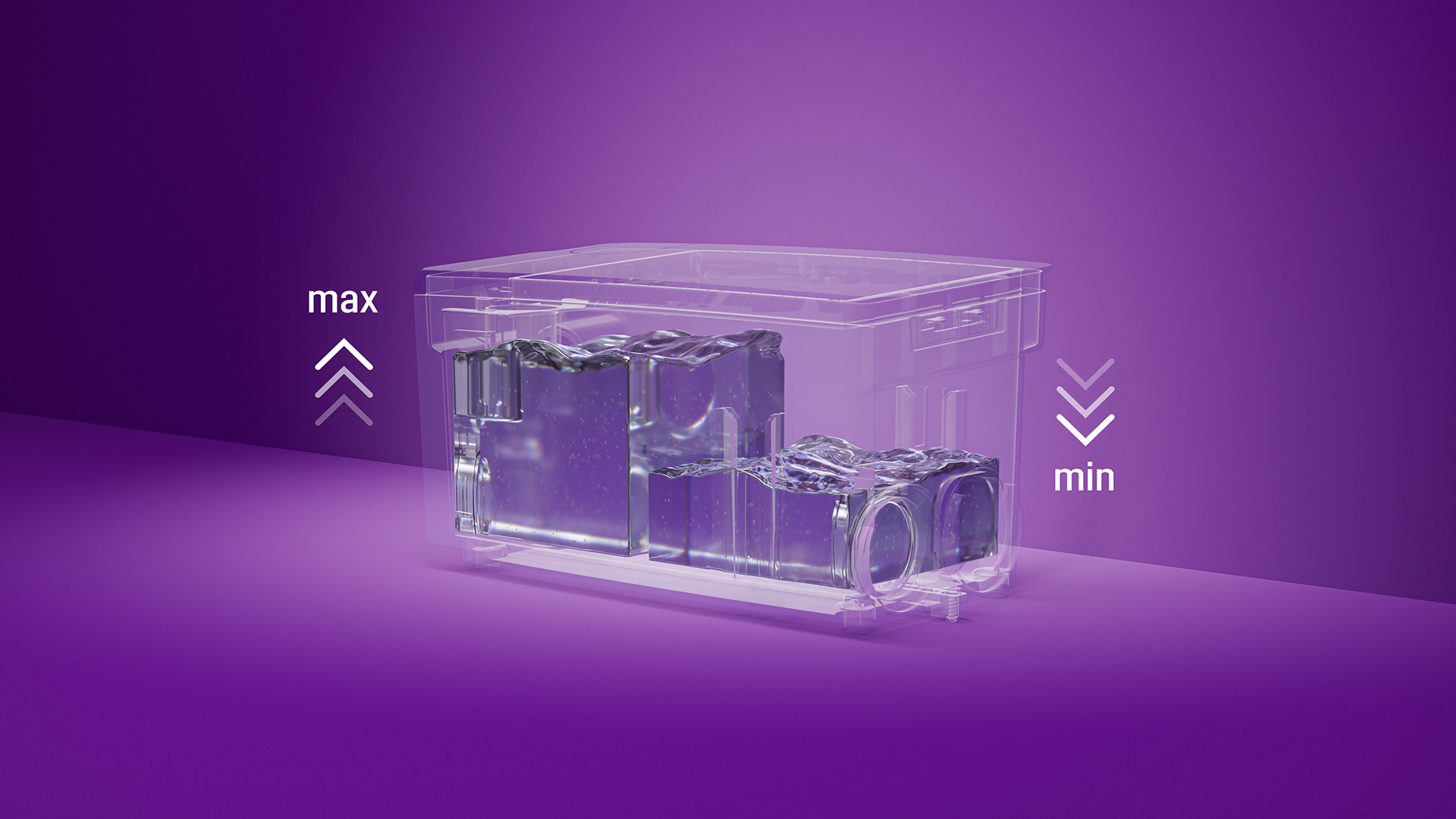 Volume utile regolabile Rappresentazione di un serbatoio Minilift in cui il livello di riempimento è alto da un lato e basso dall'altro.