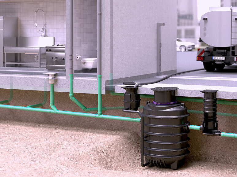 Esempio di installazione del degrassatore EasyClean ground nell'ambito dello smaltimento Esempio di installazione del degrassatore EasyClean ground nell'ambito dello smaltimento
