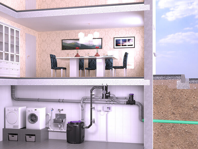 Schema di installazione di un impianto di sollevamento in cantina, in cui il tubo di mandata non passa sopra il Livello di riflusso, ma attraverso il separatore di sistema CleverLoop, montato sotto il soffitto della cantina.