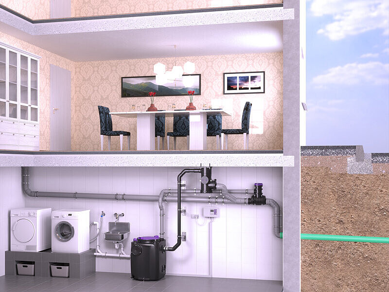 EBV CleverLoop e CleverVent Schema di installazione di un impianto di sollevamento in cantina, in cui il tubo di mandata non passa sopra il Livello di riflusso, ma attraverso il separatore di sistema CleverLoop, montato sotto il soffitto della cantina.