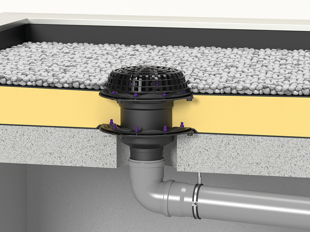 Schema di installazione dello scarico per tetti piani Ecoguss con doppia guarnizione termosaldata per l’installazione nel calcestruzzo impermeabile