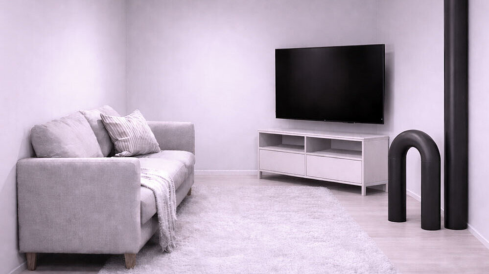 Rappresentazione degli spazi abitativi Rappresentazione schematica di un soggiorno in cui diversi tubi spuntano dal pavimento, riducendo lo spazio abitabile.