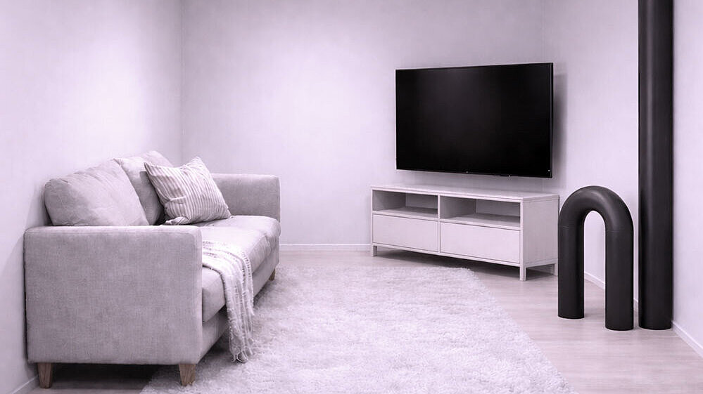 Rappresentazione degli spazi abitativi Rappresentazione schematica di un soggiorno in cui diversi tubi spuntano dal pavimento, riducendo lo spazio abitabile.