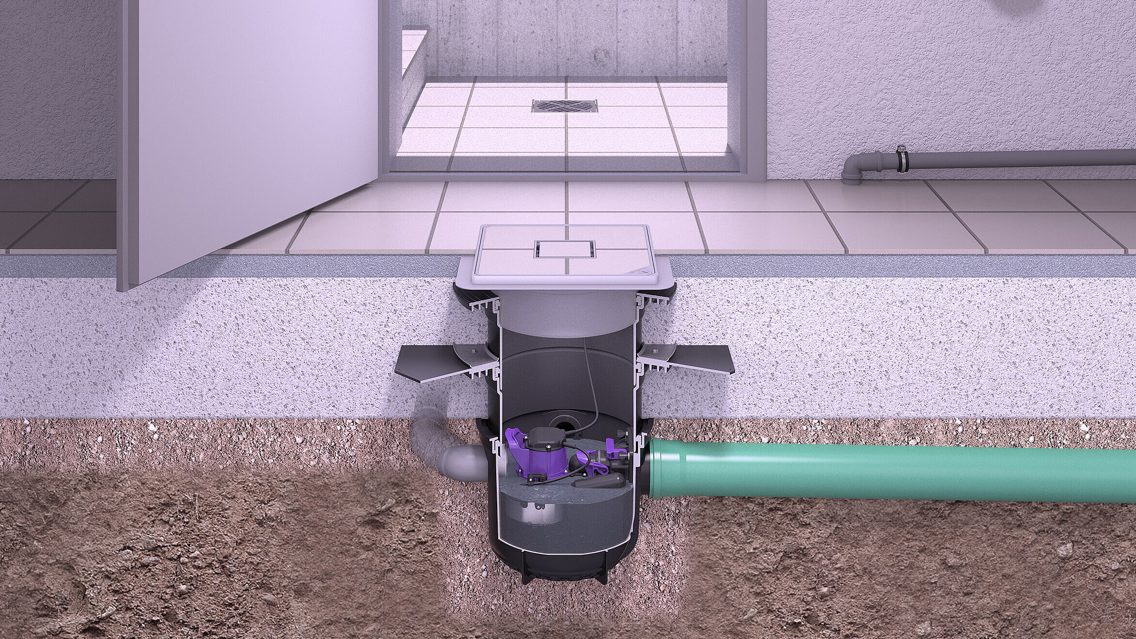 Schema di installazione dello scarico per cantina Pumpfix S Underfloor con entrate da altri punti di scarico