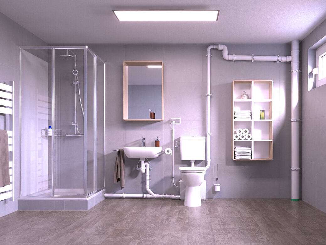 Schema di installazione della Piccola stazione di sollevamento Minilift M WC Cantina dotata di servizi igienici e doccia installati successivamente, il cui scarico avviene tramite una Piccola stazione di sollevamento situata dietro il WC.