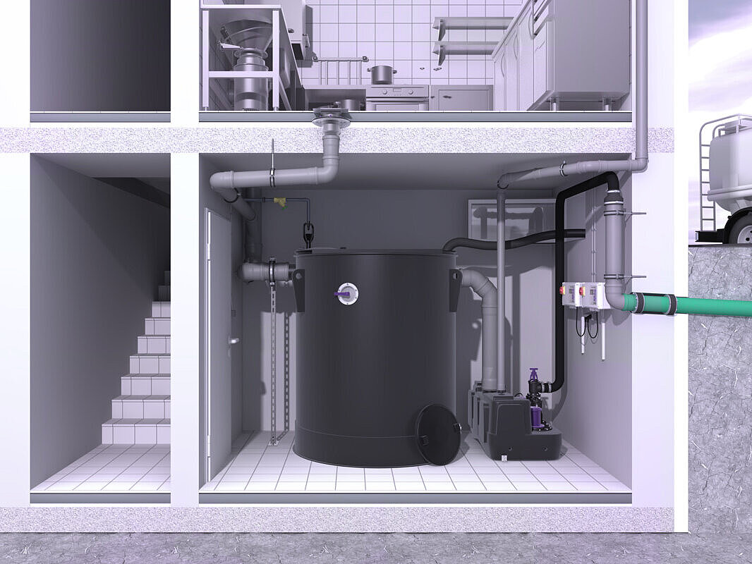Illustrazione dell'installazione del degrassatore EasyClean free round Standard
