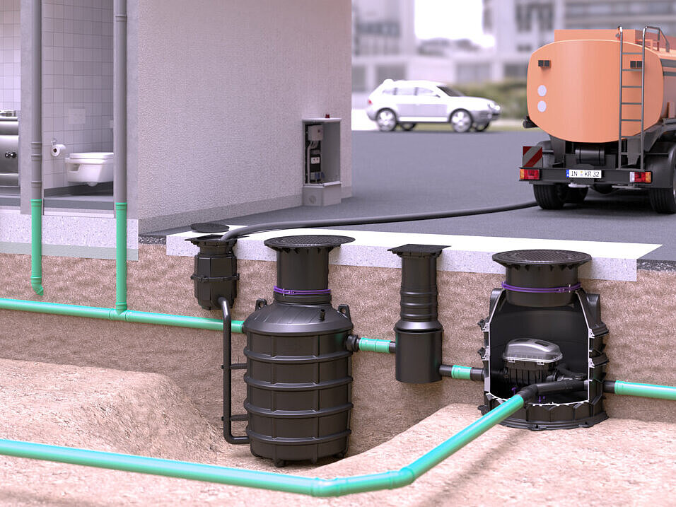 Schema di installazione del degrassatore EasyClean ground Direct con Pumpfix F in un pozzetto tecnico nel terreno