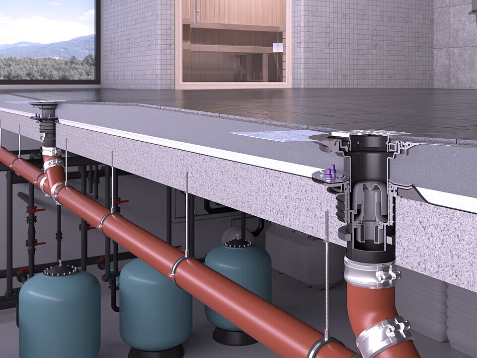 Schema di installazione dello scarico a pavimento/soffitto Ecoguss con rialzo a strato sottile Variofix e flangia di tenuta a pressione nell’area benessere