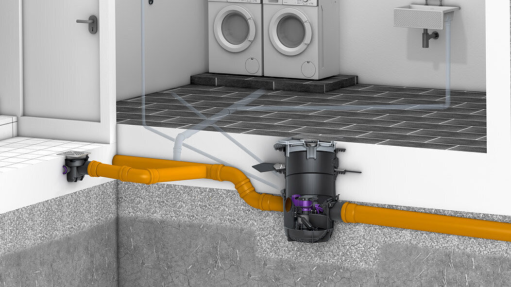 Schema di installazione: scarico dell'acqua piovana nella zona della cantina