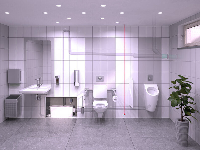 Bagno nel seminterrato dotato di lavabo, orinatoio e WC, il cui scarico avviene tramite una Piccola stazione di sollevamento installata nella parete prefabbricata.