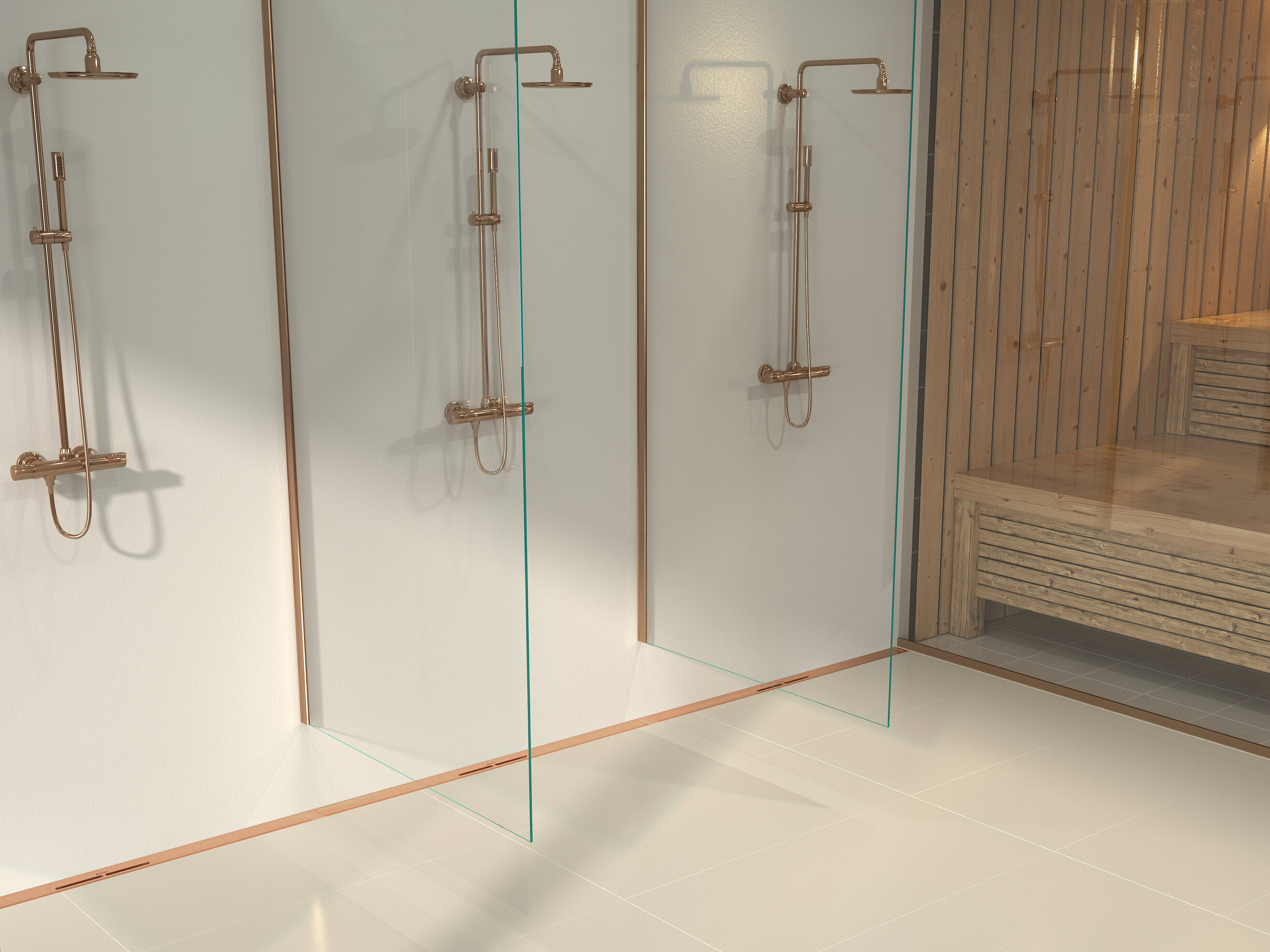 Schema di installazione della canaletta per doccia Linearis Infinity, superficie in Bronze spazzolato, nell’area benessere