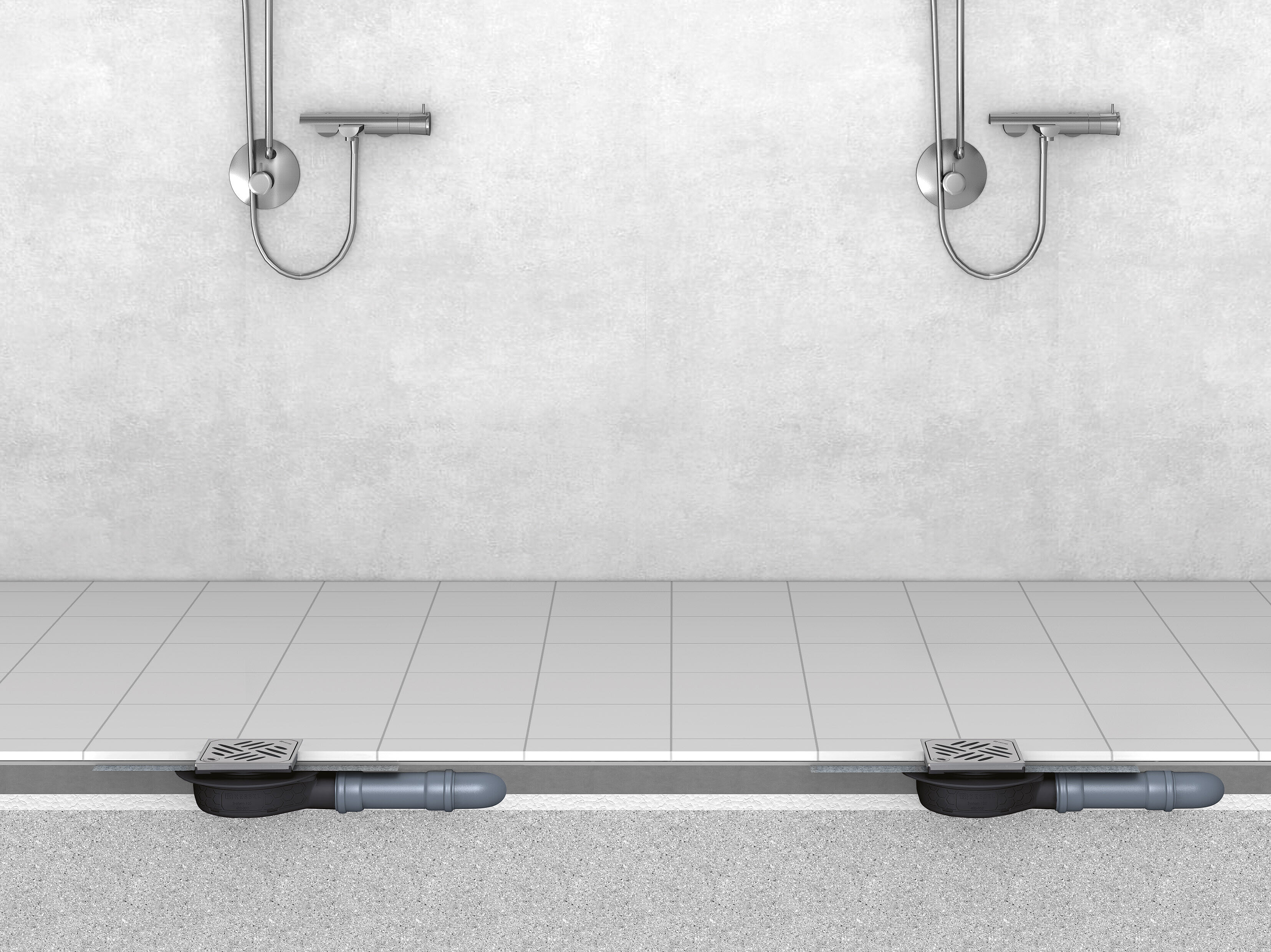Schema di installazione dello scarico per bagni “L'Ultrapiatto” con griglia Design Kessel e sistema di bloccaggio Lock & Lift