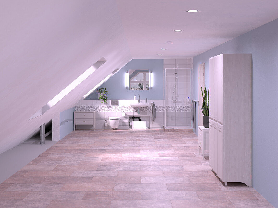 Immagine di installazione di una piccola stazione di sollevamento Minilift L WC in un bagno con soffitto spiovente, dotato di doccia, lavabo e WC. La piccola stazione di sollevamento Minilift L WC è installata all'interno di un mobile.