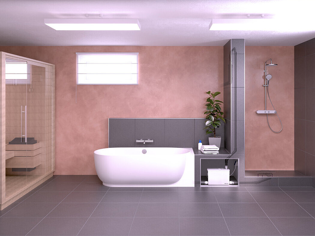 Cantina con sauna, vasca da bagno e doccia. Gli impianti di scarico sono collegati a una Piccola stazione di sollevamento.