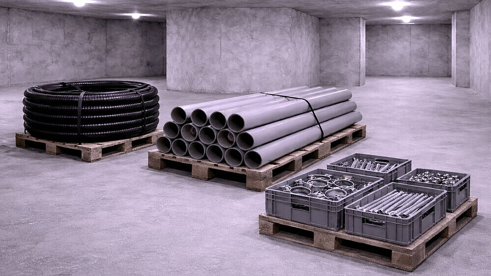 Presentazione rispettosa delle risorse Rappresentazione schematica di un locale seminterrato con diversi materiali di montaggio.