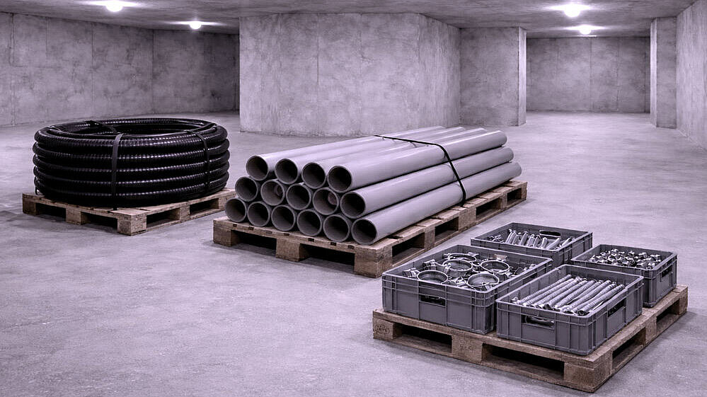 Presentazione rispettosa delle risorse Rappresentazione schematica di un locale seminterrato con diversi materiali di montaggio.