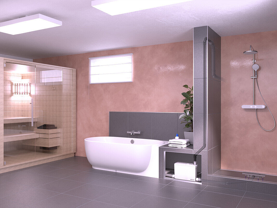 La cantina con sauna, vasca da bagno e doccia vista da un'altra prospettiva.