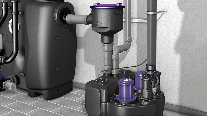 Esempio di installazione del degrassatore EasyClean free con impianto di sollevamento Aqualift L a valle Esempio di installazione del degrassatore EasyClean free con impianto di sollevamento Aqualift L a valle