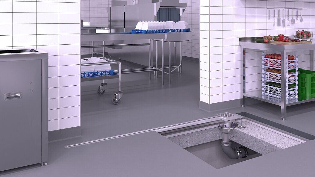 Proposta di installazione di una canaletta a fessura in acciaio inox nella zona delle porte di una cucina industriale