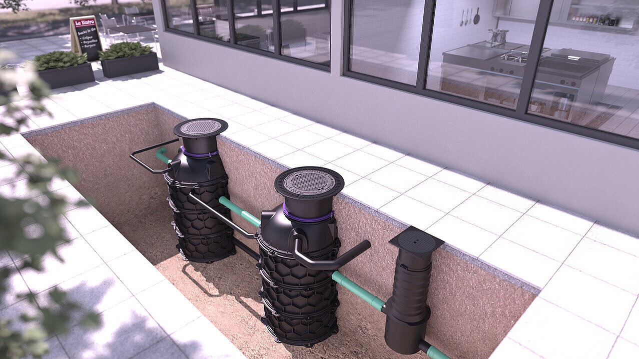 Schema di installazione del degrassatore EasyClean ground Auto Mix & Pump