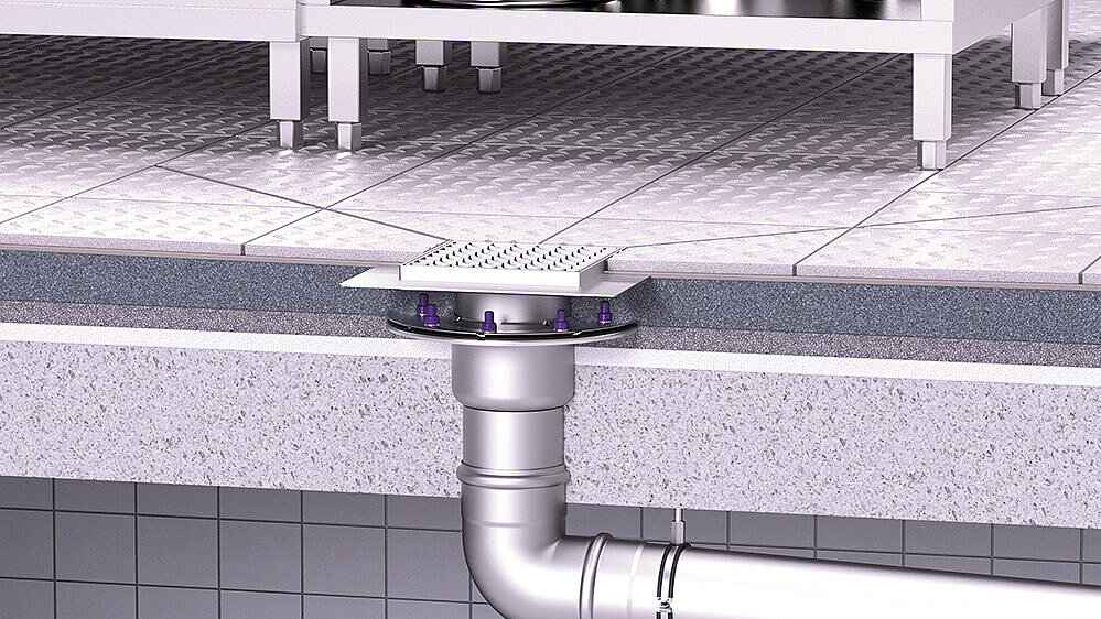 Proposta di installazione dello scarico a pavimento Ferrofix in acciaio inox in una cucina industriale Proposta di installazione dello scarico a pavimento Ferrofix in acciaio inox in una cucina industriale